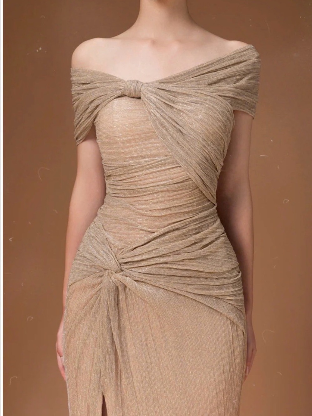 Hacchic Couture Off Shoulder Midi Dress In Nude, Champagne , Size 6 ( USA) - Picture 4 of 8